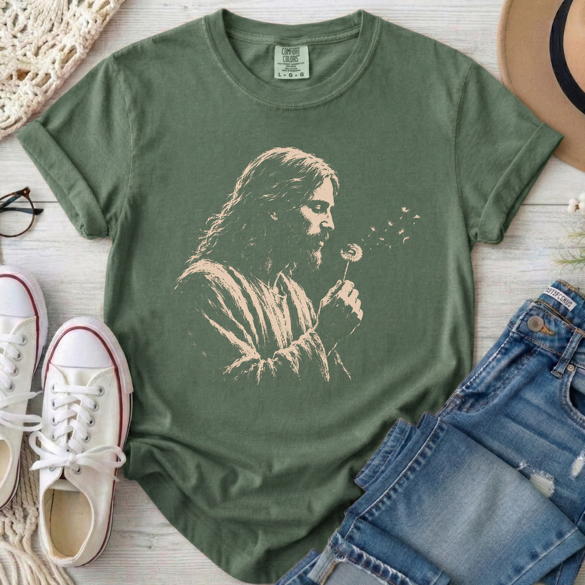 Jesus Dandelion Christian Comfort Colors T-Shirt in Moss