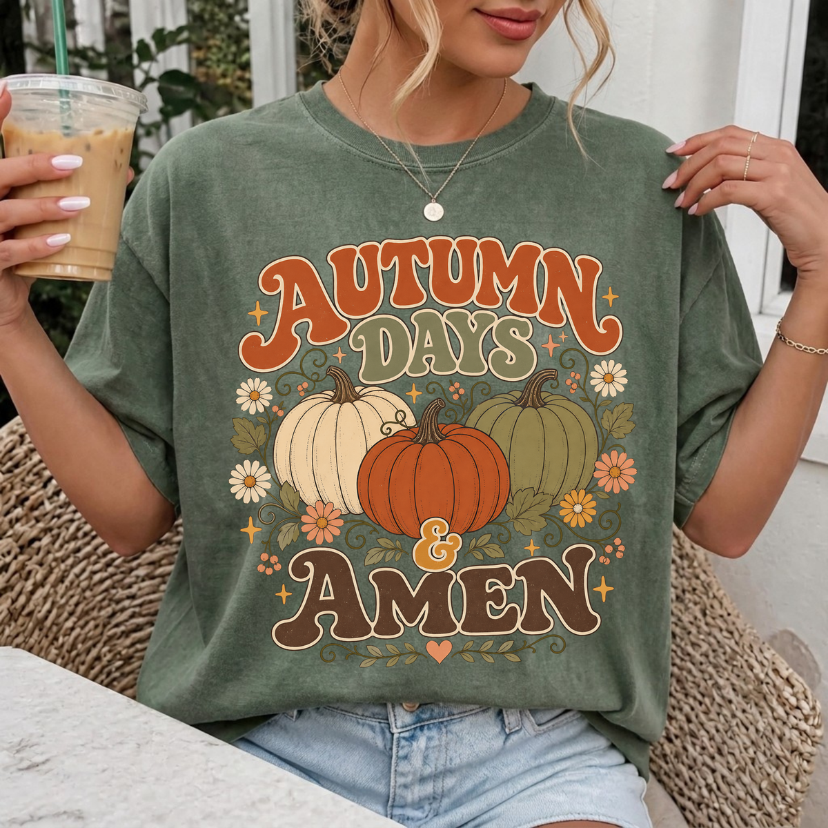 Woman wearing Autumn Days & Amen Christian Comfort Colors T-Shirt in Moss