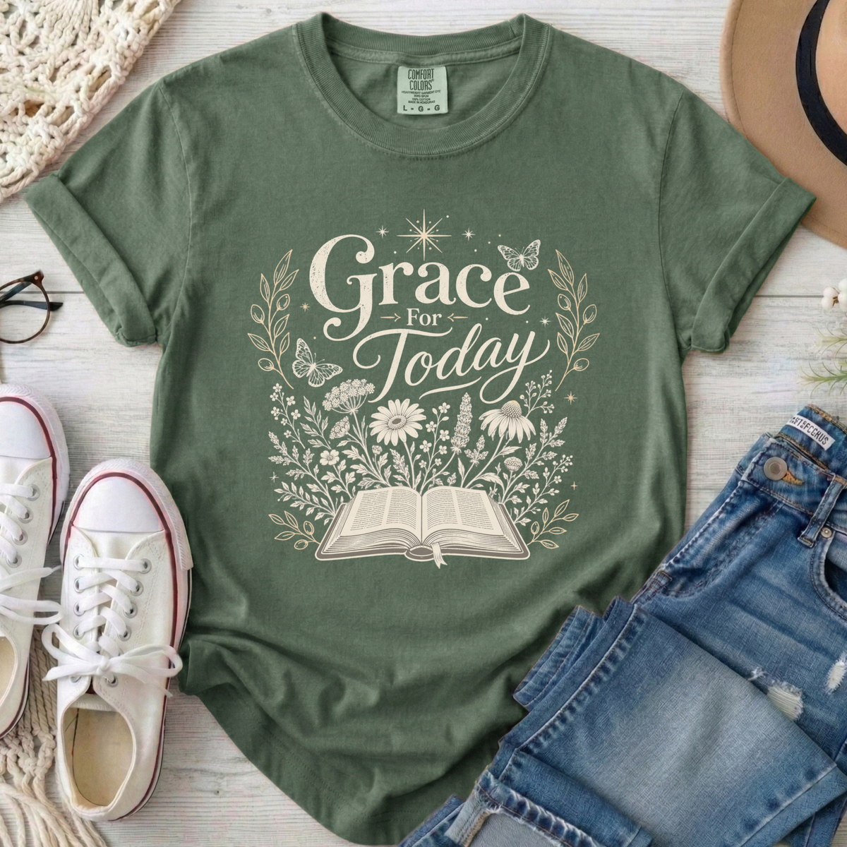 Grace For Today Christian Comfort Colors T-Shirt in Moss