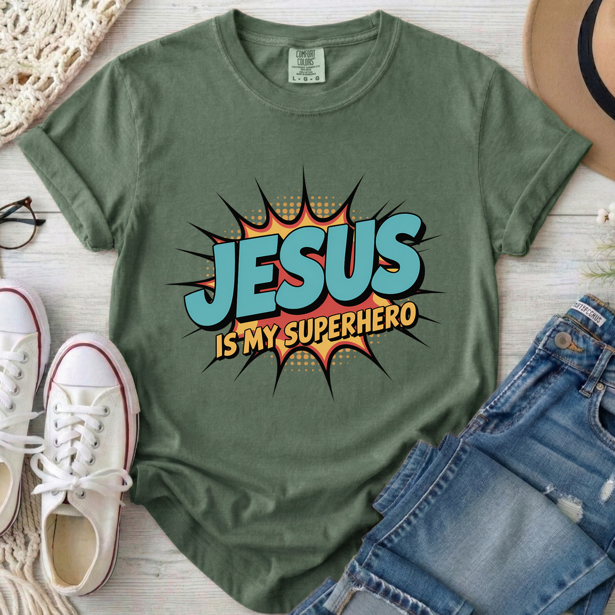 Jesus Is My Superhero Christian Comfort Colors T-Shirt in Moss