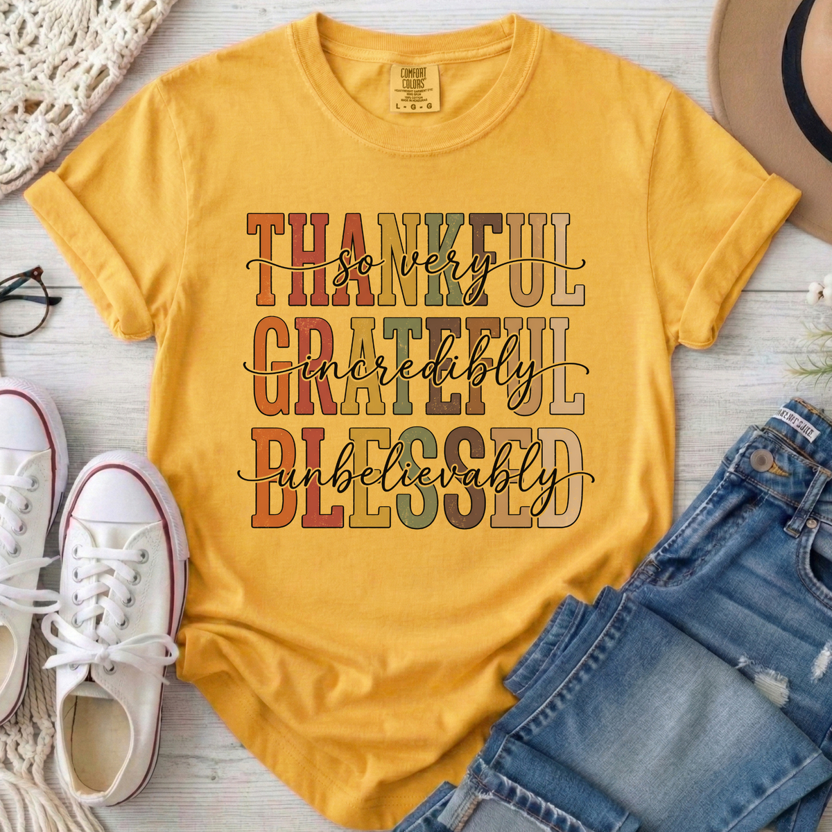 Thankful Grateful Blessed Christian Comfort Colors T-Shirt in Mustard