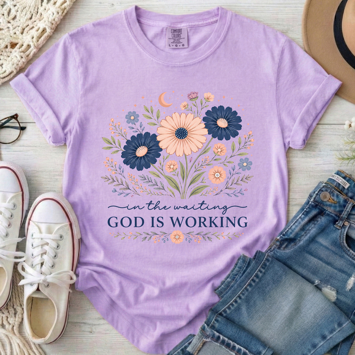 God Is Working Christian Comfort Colors T-Shirt in Orchid