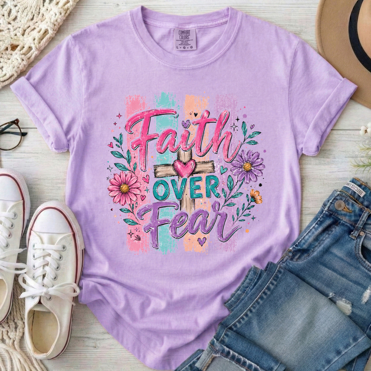 Faith Over Fear Christian Comfort Colors T-Shirt in Orchid
