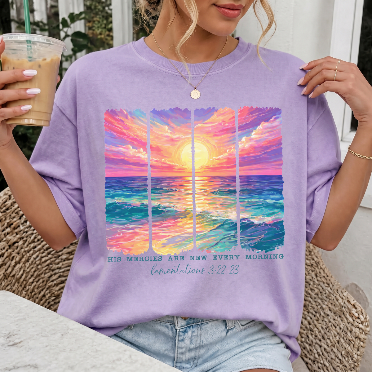 Woman wearing His Mercies Are New Every Morning Christian Comfort Colors T-Shirt in Orchid