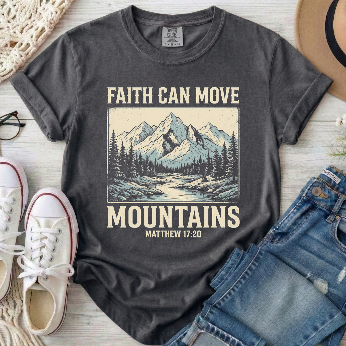 Faith Can Move Mountains Christian Comfort Colors T-Shirt in Pepper