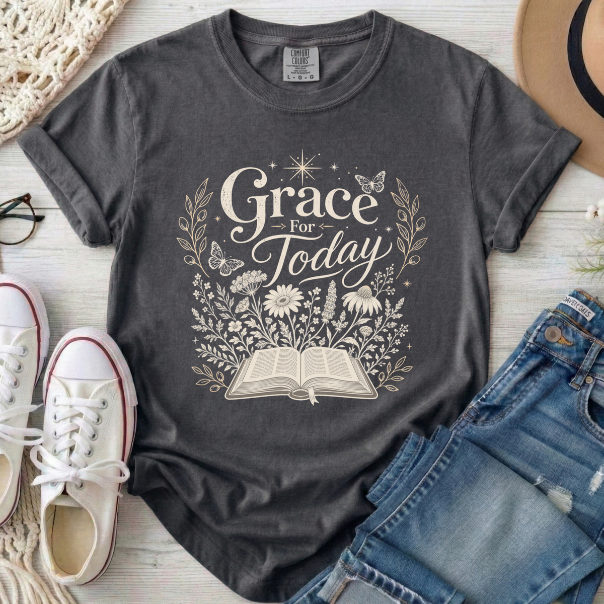 Grace For Today Christian Comfort Colors T-Shirt in Pepper