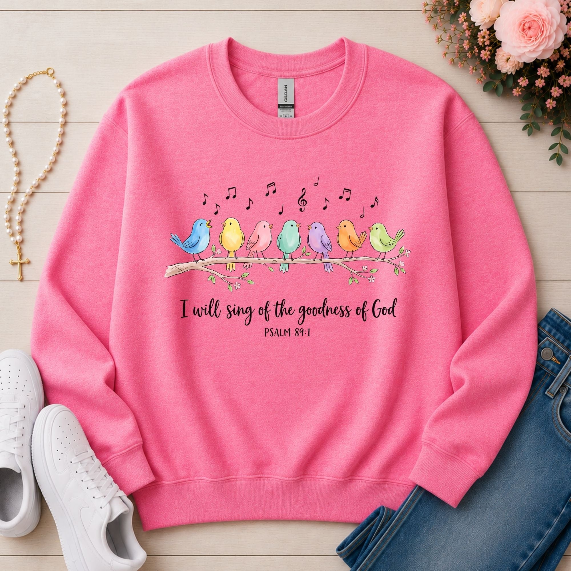 I Will Sing of the Goodness of God Christian sweatshirt in Safety Pink