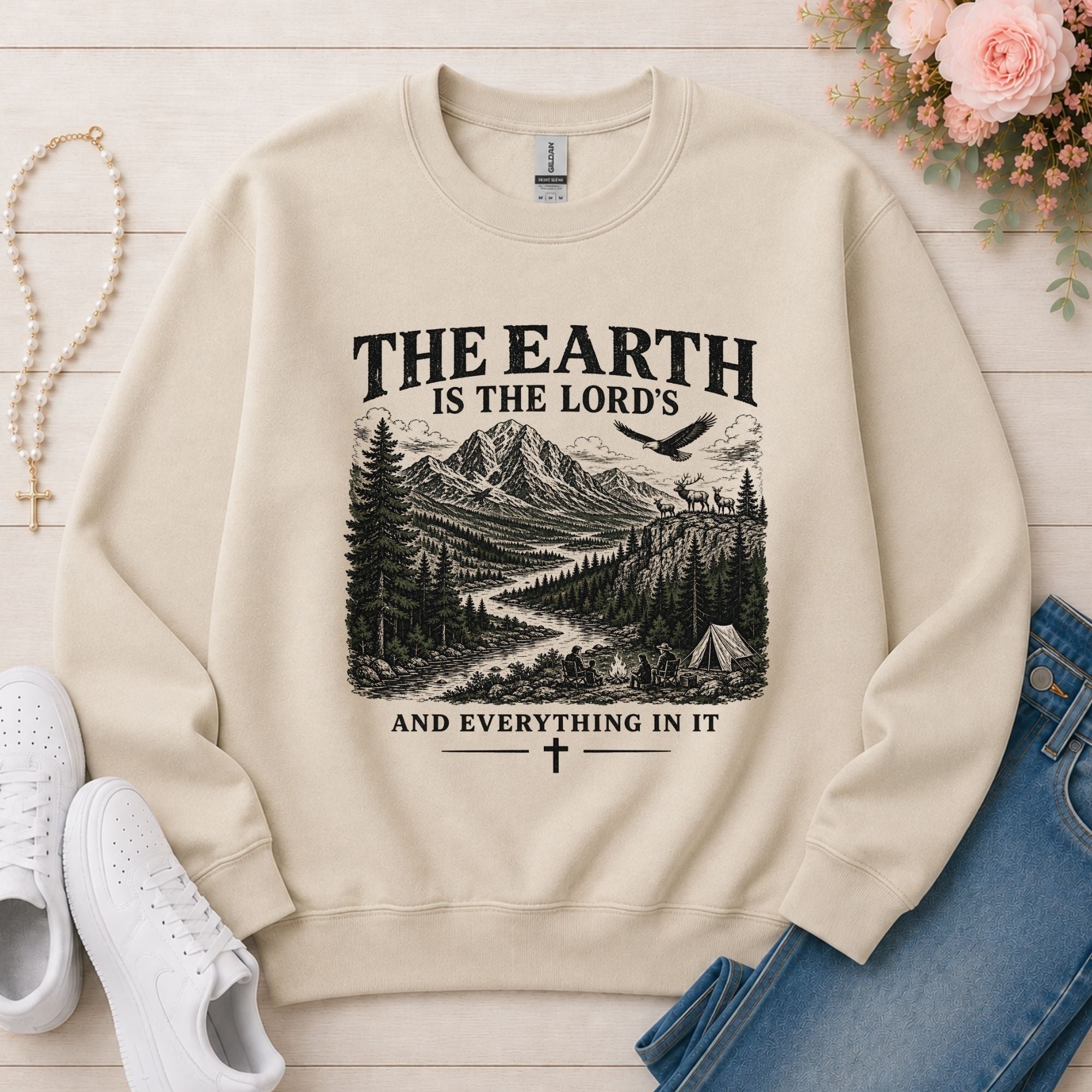 The Earth Is the Lord's Christian sweatshirt in Sand