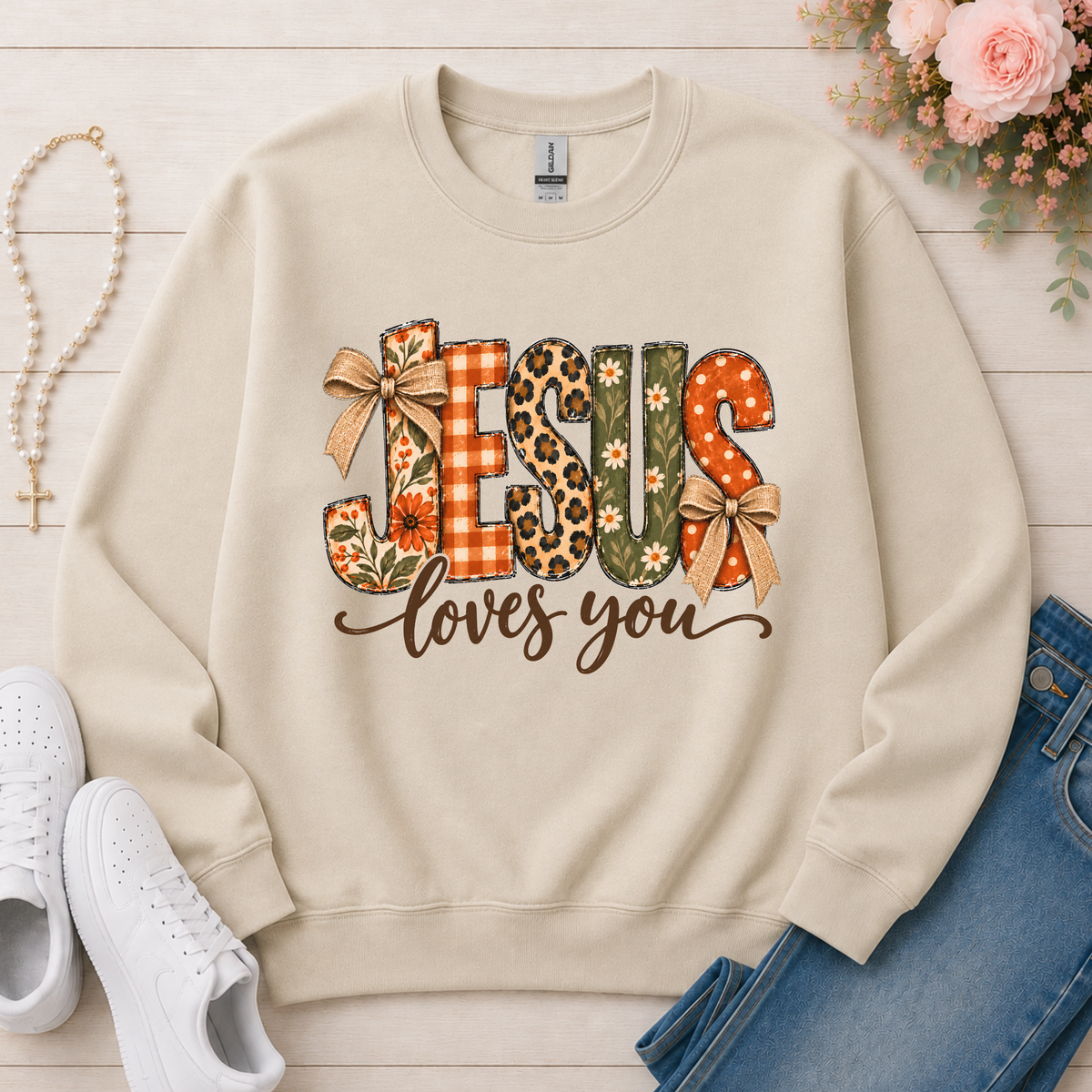 Jesus Loves You Christian Crewneck Sweatshirt in Sand