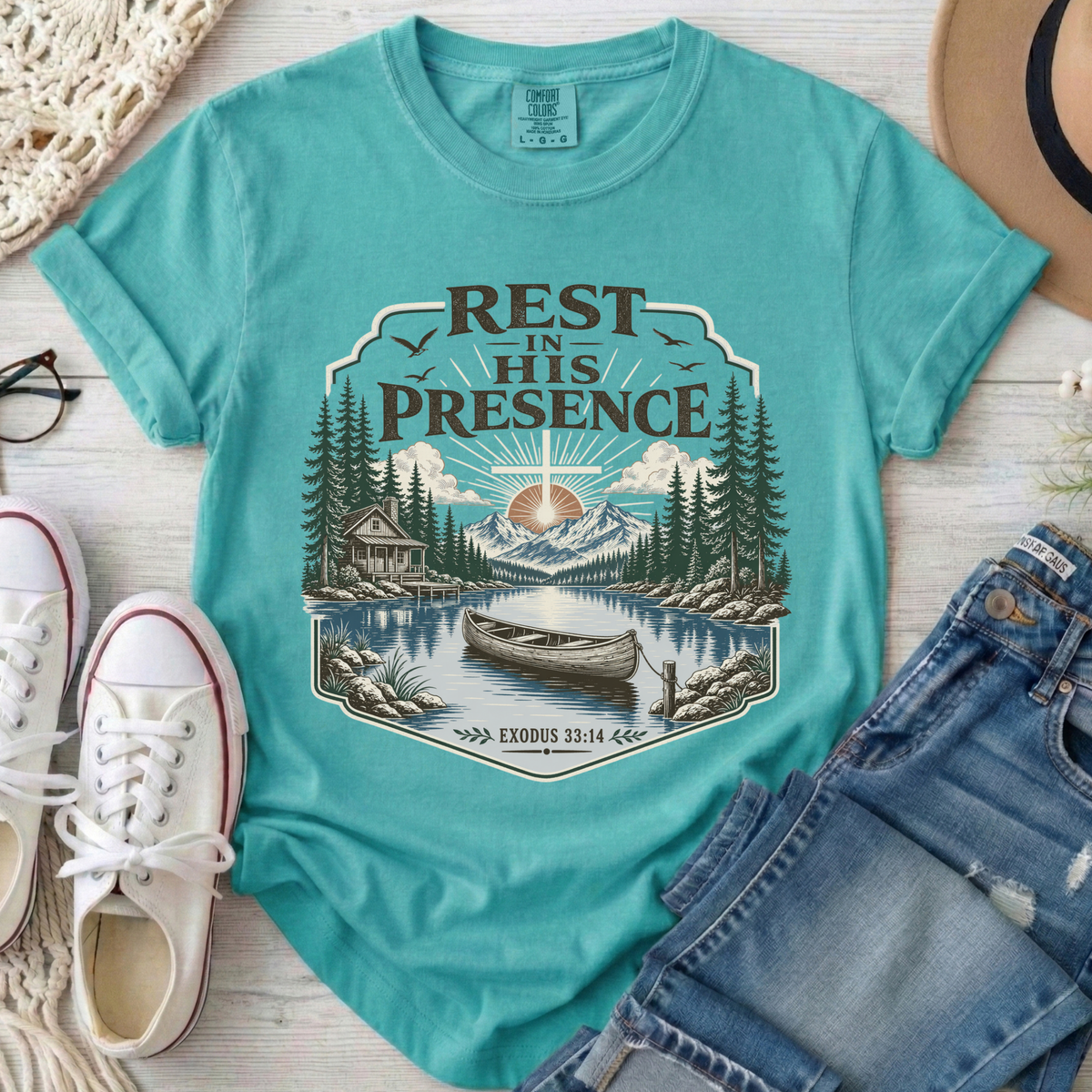 Rest in His Presence Christian Comfort Colors T-Shirt in Seafoam