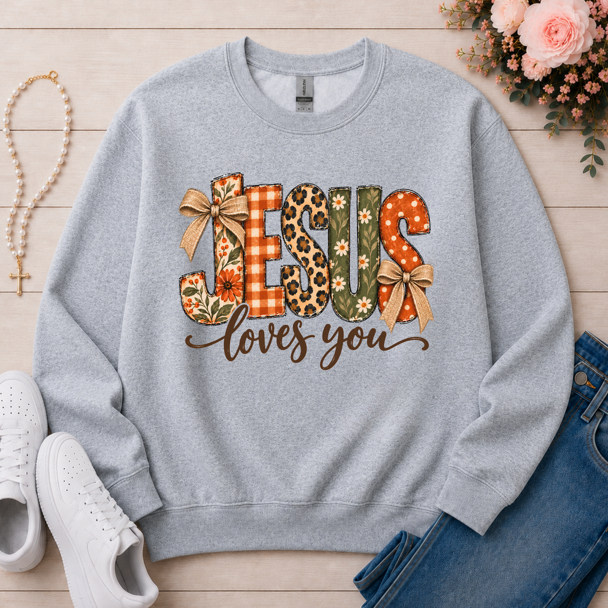 Jesus Loves You Christian Crewneck Sweatshirt in Sport Grey