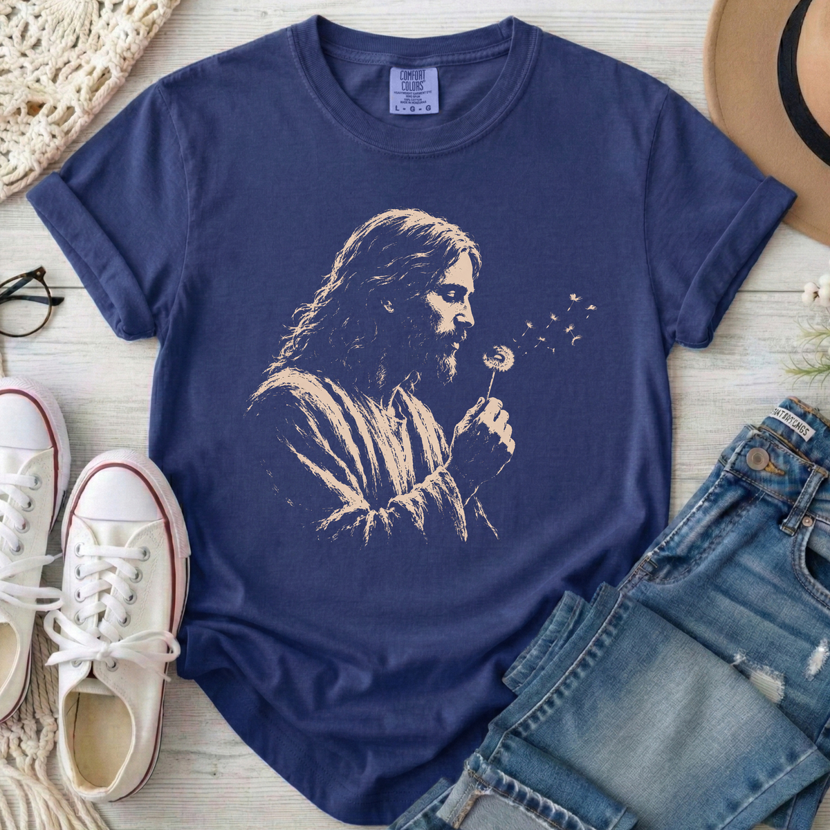 Jesus Dandelion Christian Comfort Colors T-Shirt in True Navy