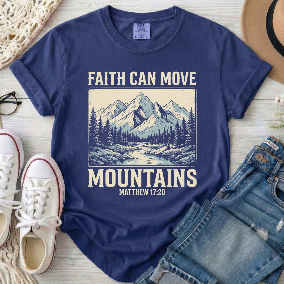 Faith Can Move Mountains Christian Comfort Colors T-Shirt in True Navy