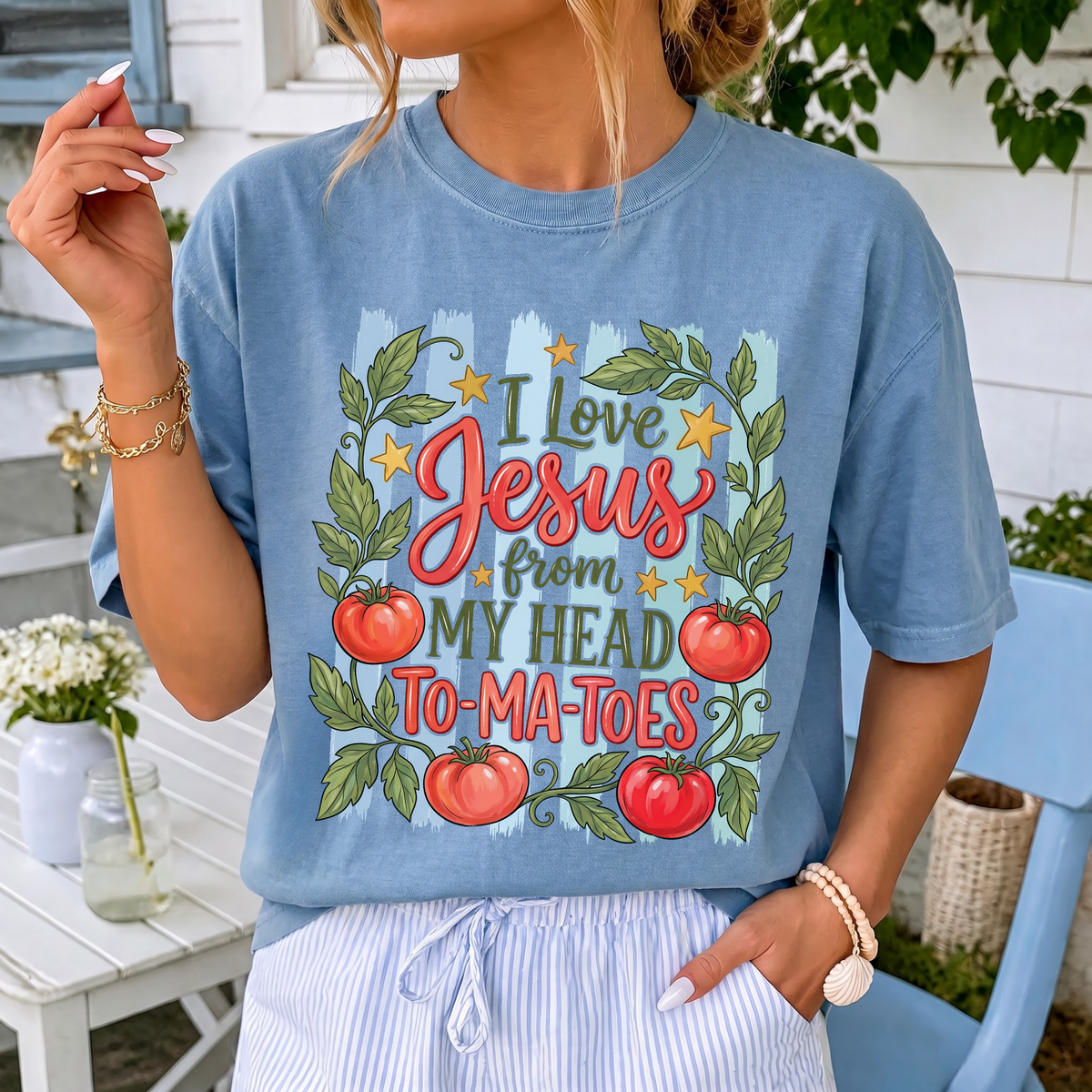 Woman wearing I Love Jesus Christian Comfort Colors T-Shirt in Washed Denim