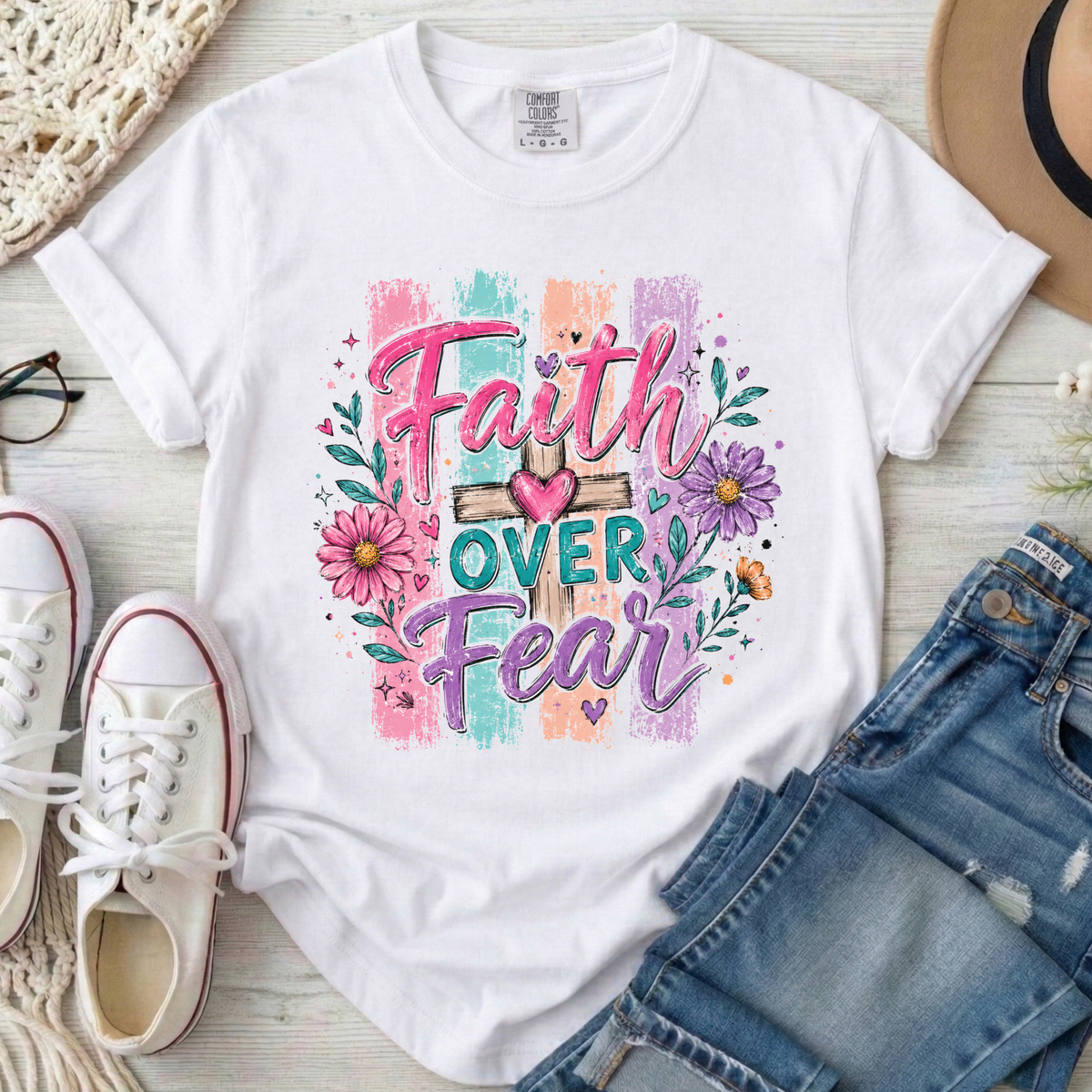 Faith Over Fear Christian Comfort Colors T-Shirt in White