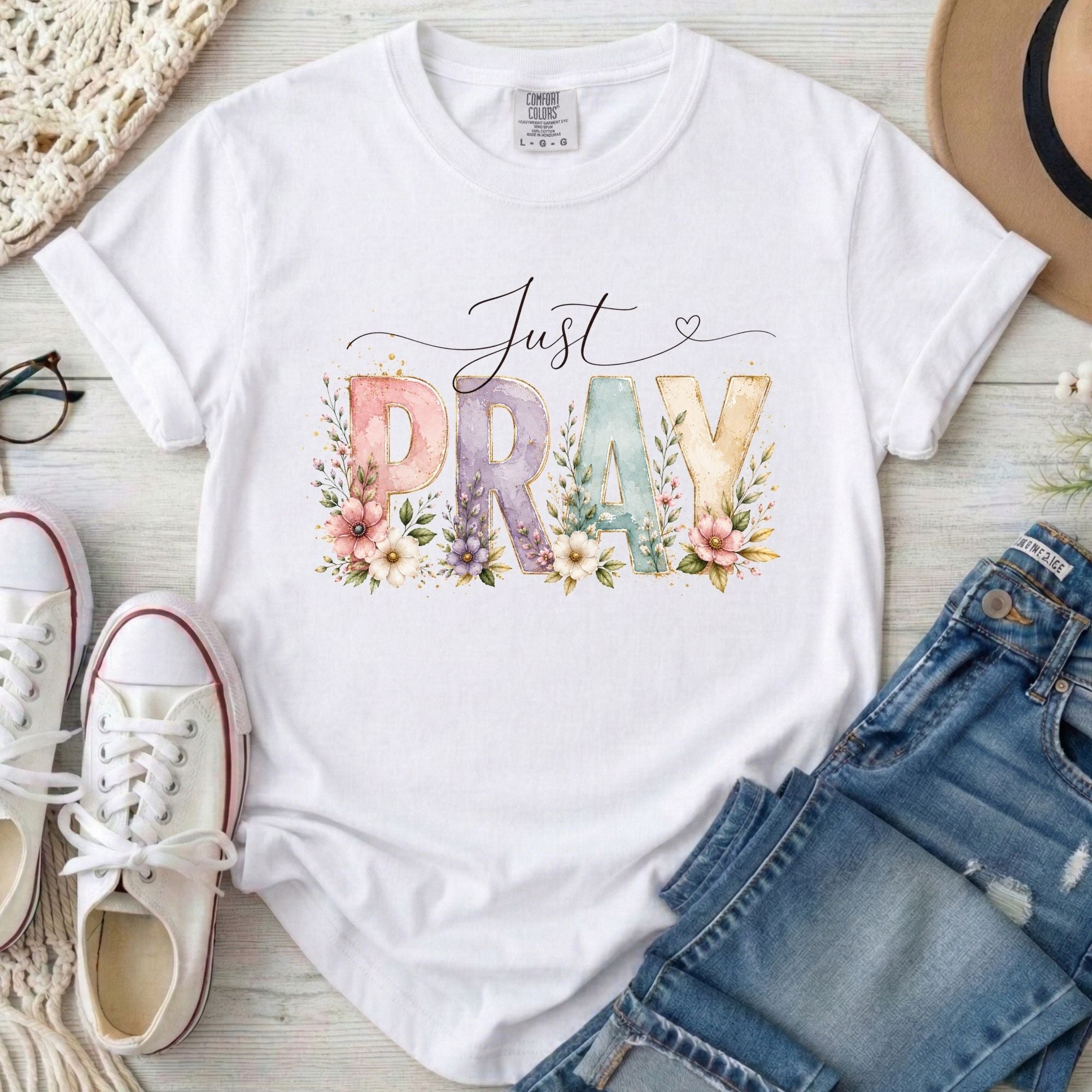 Just Pray Christian Comfort Colors T-Shirt in White