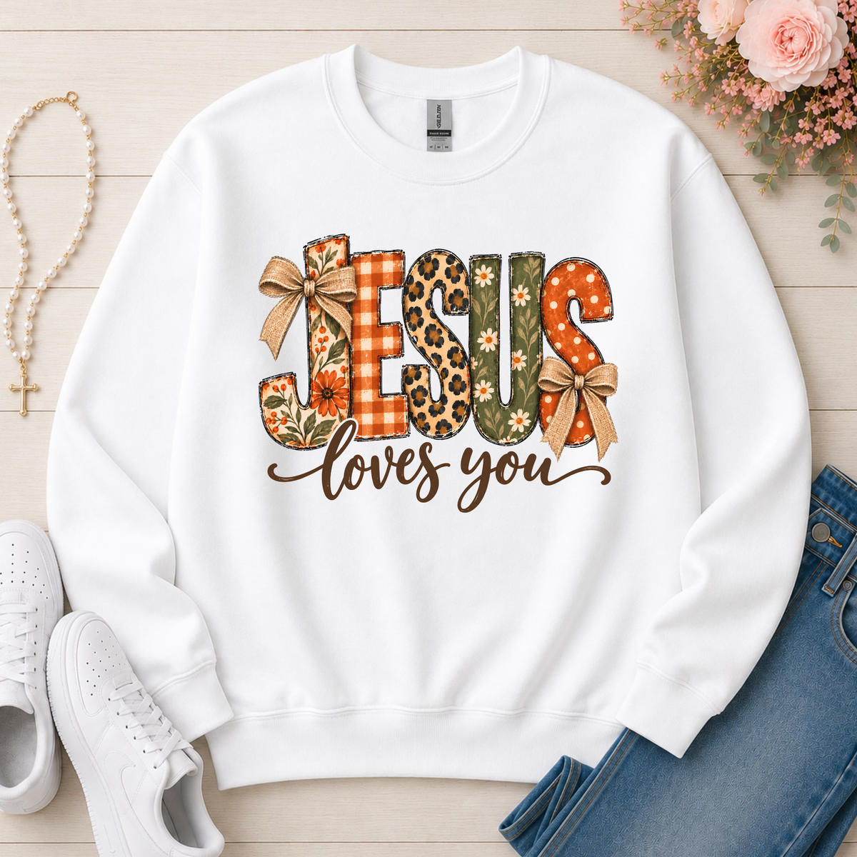 Jesus Loves You Christian Crewneck Sweatshirt in White